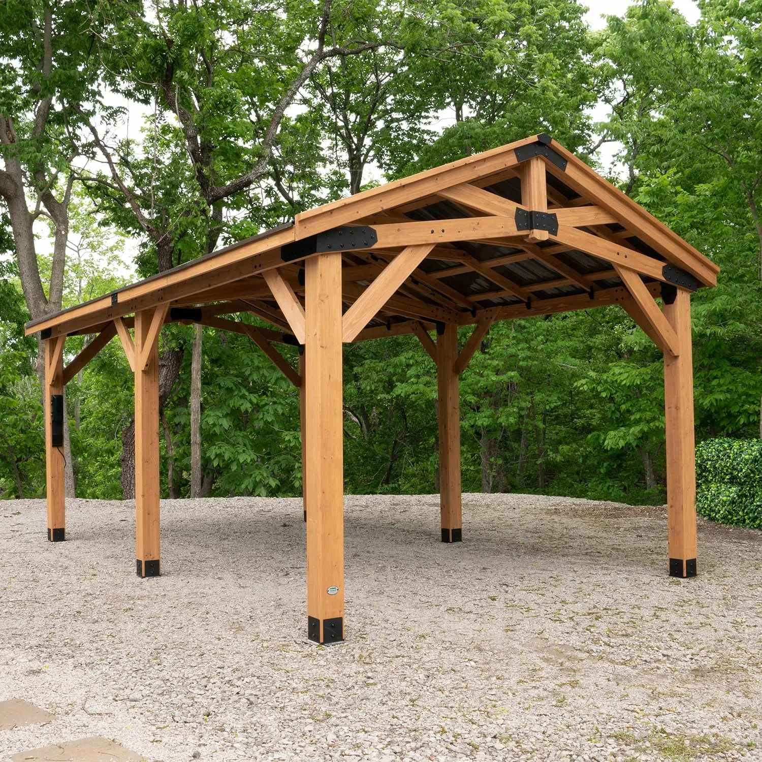 All Cedar Wooden Carport Pavilion Gazebo with Hard Top Steel Roof