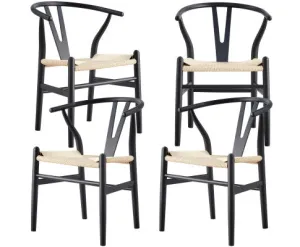 Anemone Set of 4 Wishbone Dining Chair Beech Timber Replica Hans Wenger - Black