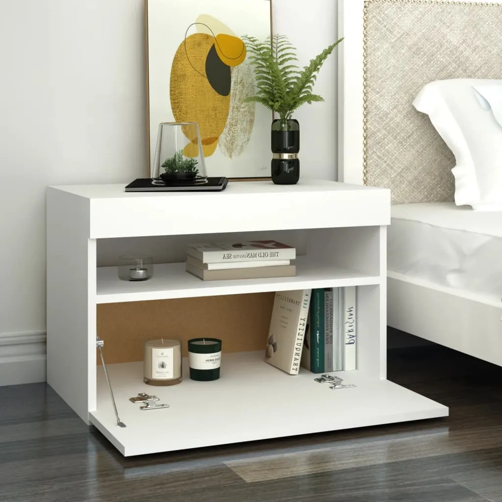 Bedside Cabinet & LED Lights White 60x35x40 cm Engineered Wood