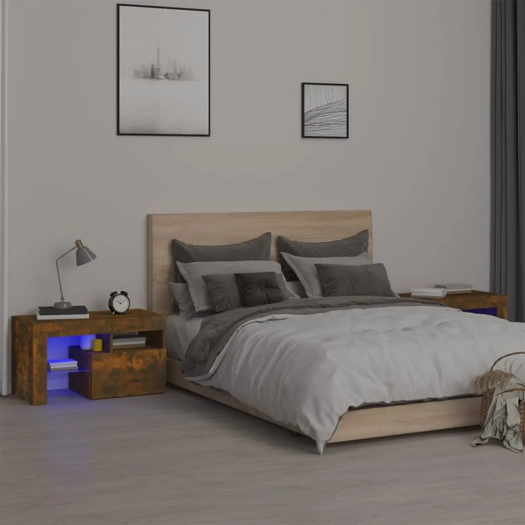 Bedside Cabinets 2 pcs with LED Lights Smoked Oak 70x36.5x 40 cm