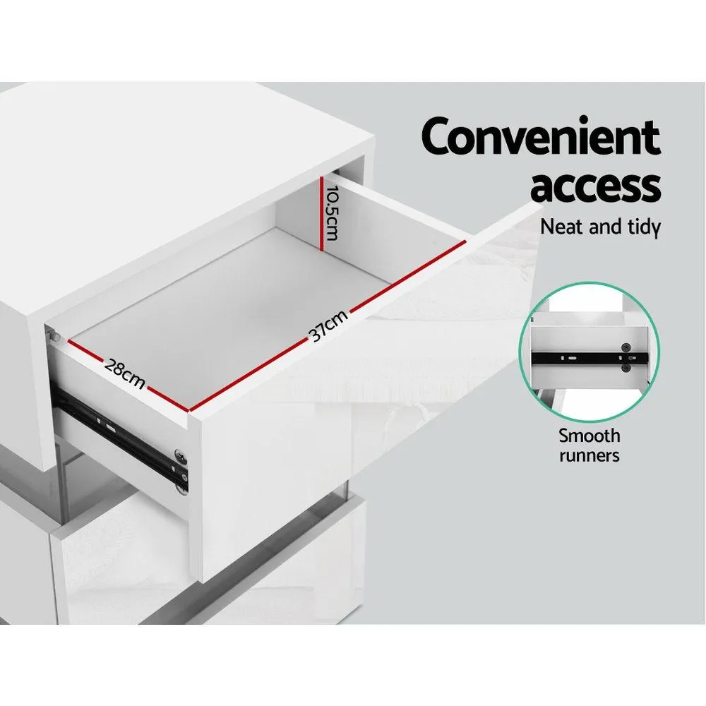 Bedside Table Side Unit RGB LED Lamp 3 Drawers Nightstand Gloss Furniture White