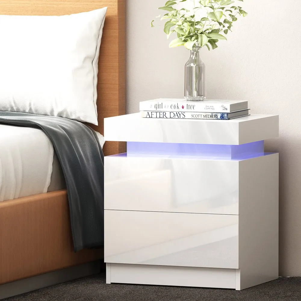 Bedside Tables Side Table Drawers RGB LED High Gloss Nightstand White