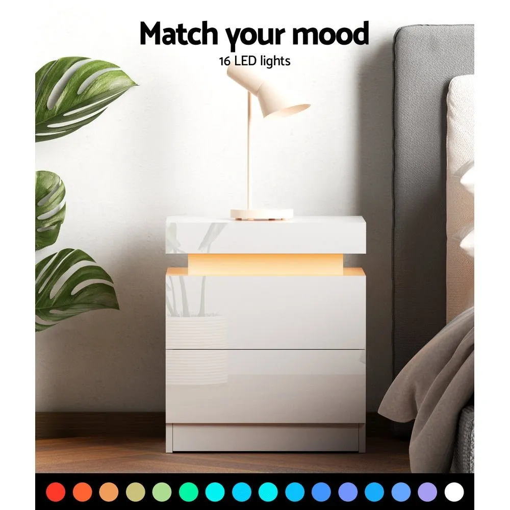 Bedside Tables Side Table Drawers RGB LED High Gloss Nightstand White