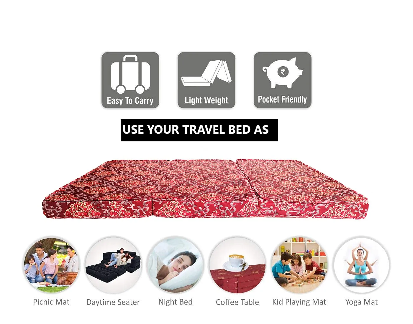 Binani Travel Bed 4-inch Soft Double Bed Dual Comfort Folding Mattress (Red, Double)