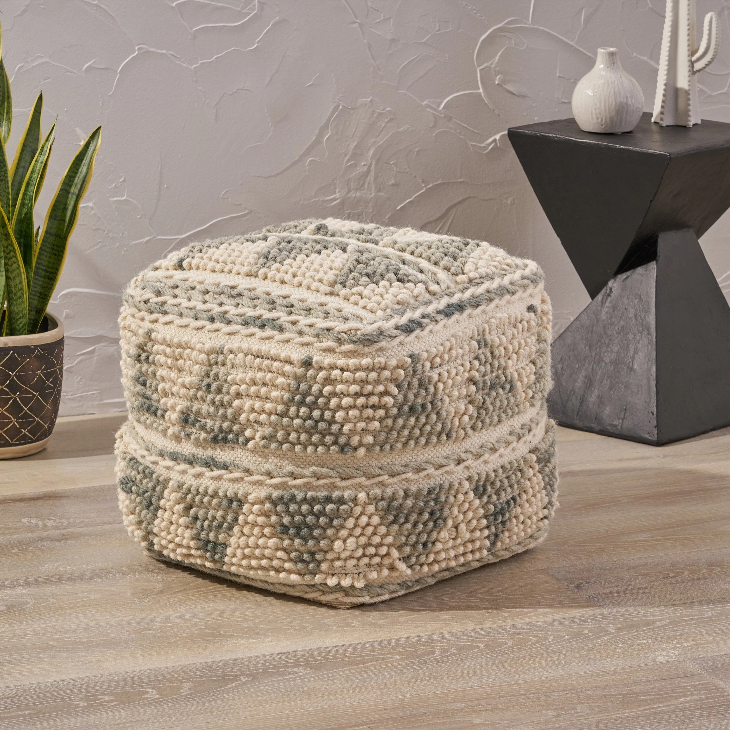 Boho Wool and Cotton Ottoman Pouf - NH723903