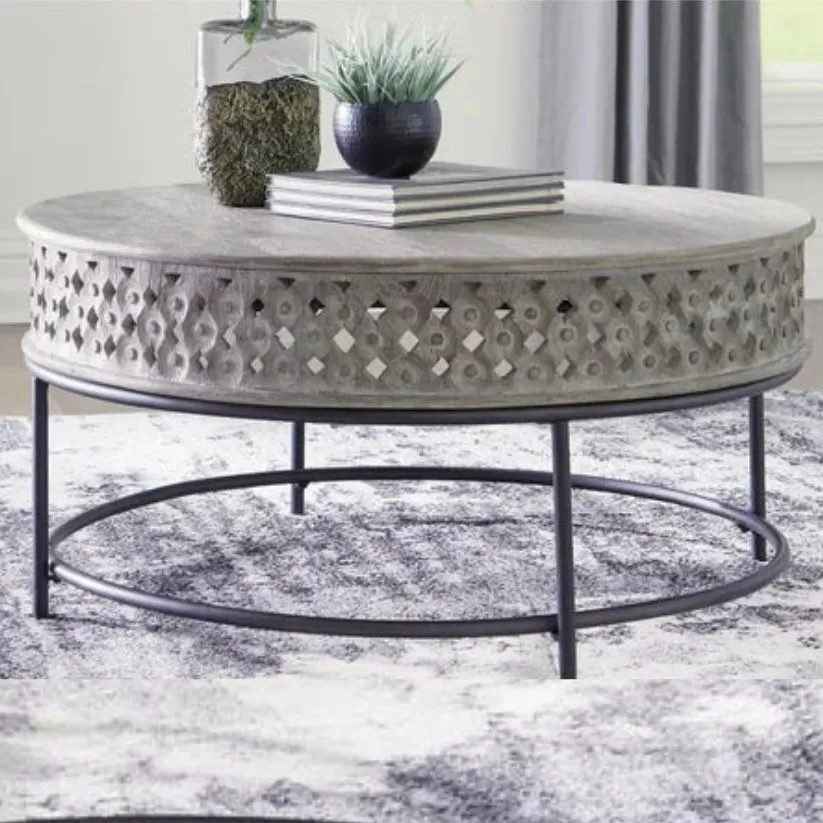 Carved Solid Wood Coffee Table With Iron Stand