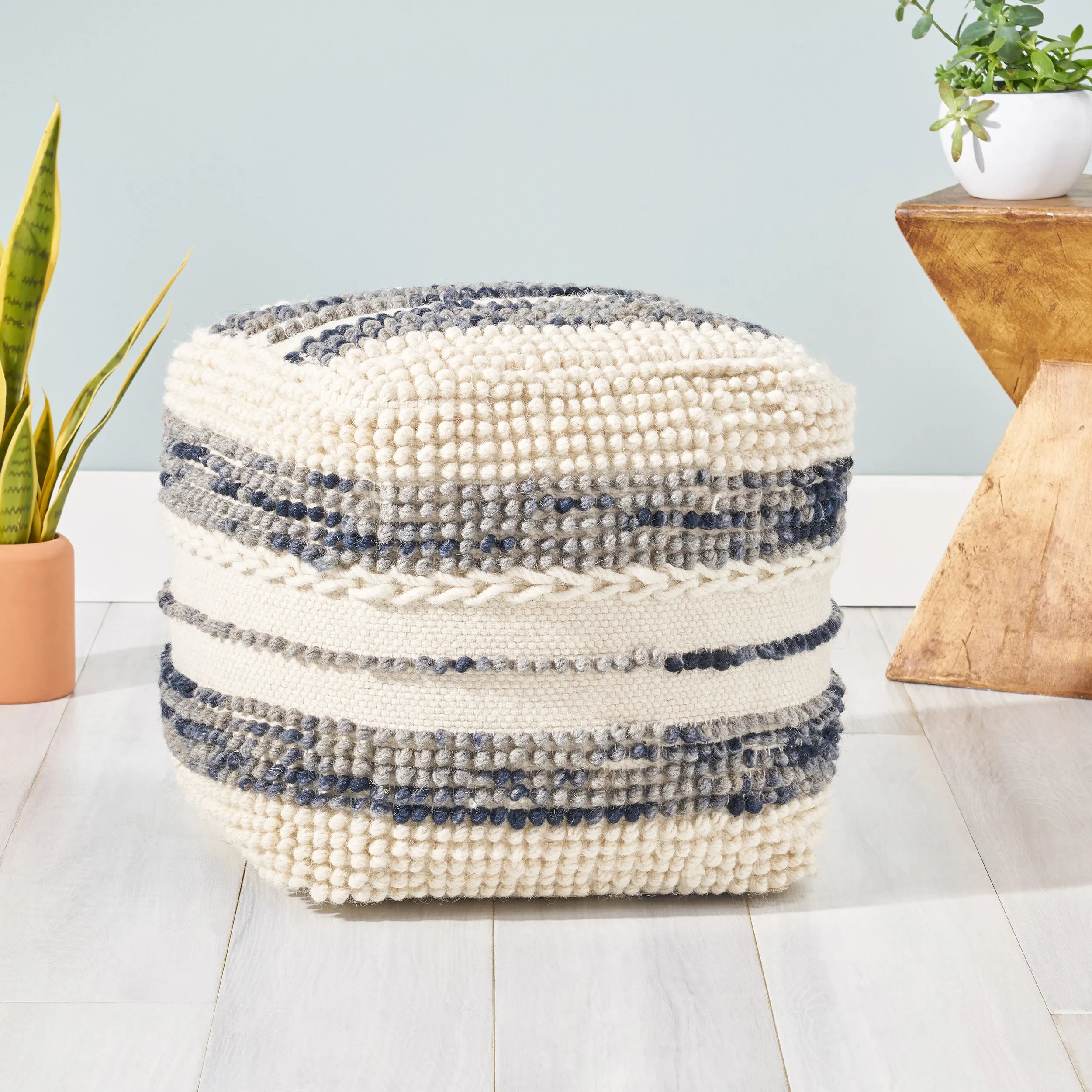 Christal Contemporary Wool and Cotton Pouf Ottoman, White and Blue