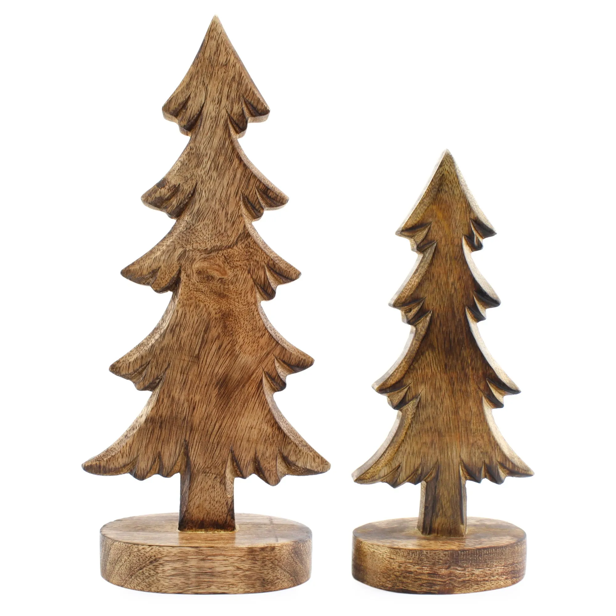 classic AuldHome Wooden Christmas Trees (Set of 2, Natural); Tabletop Handmade Wood Trees with Rectangular Base for Holiday Home Decor Dusky Brown