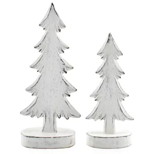 cozy AuldHome Wooden Christmas Trees (Set of 2, Natural); Tabletop Handmade Wood Trees with Rectangular Base for Holiday Home Decor Distressed White