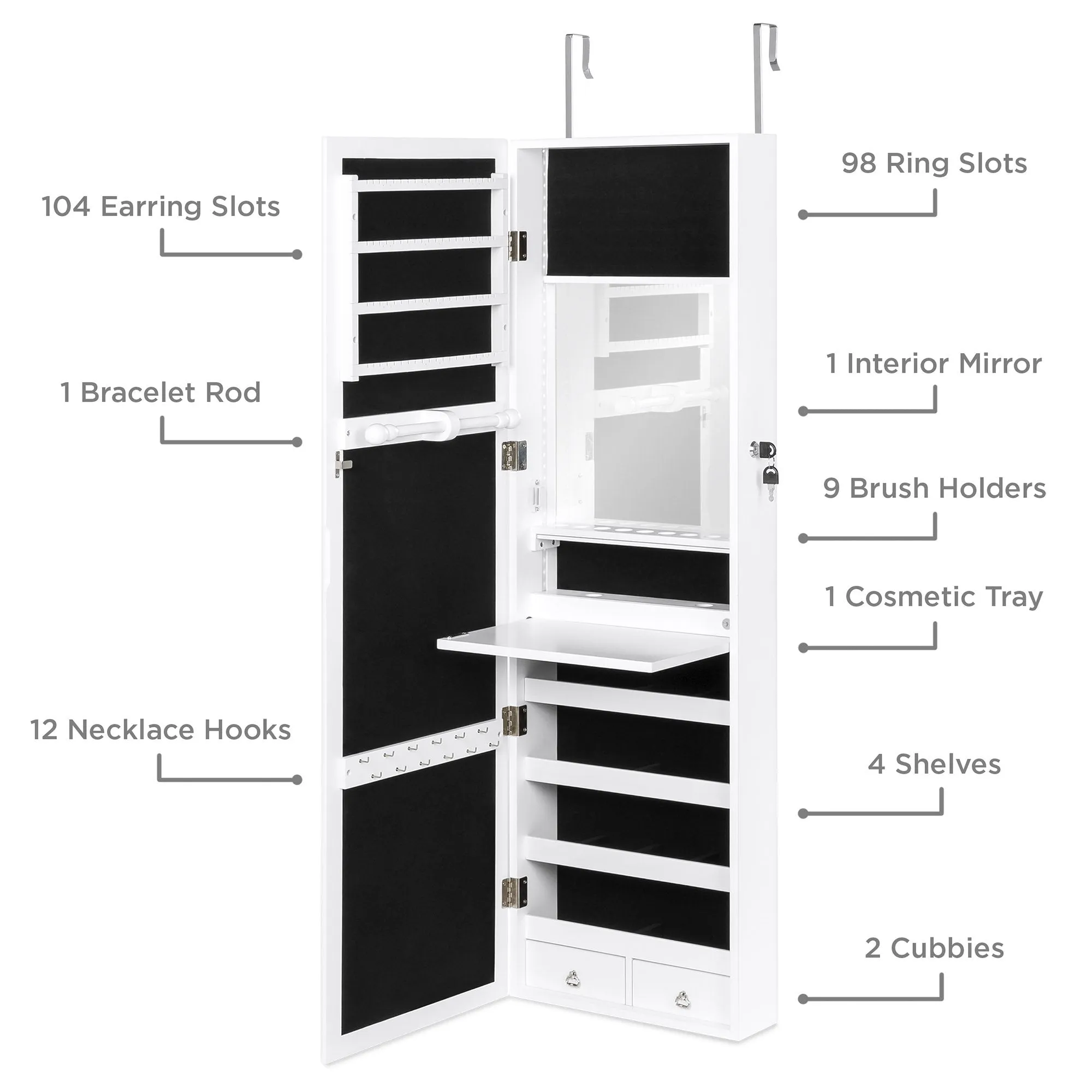 Door/Wall Mount Mirror Jewelry Cabinet Armoire w/ Inside Mirror, LED Lights