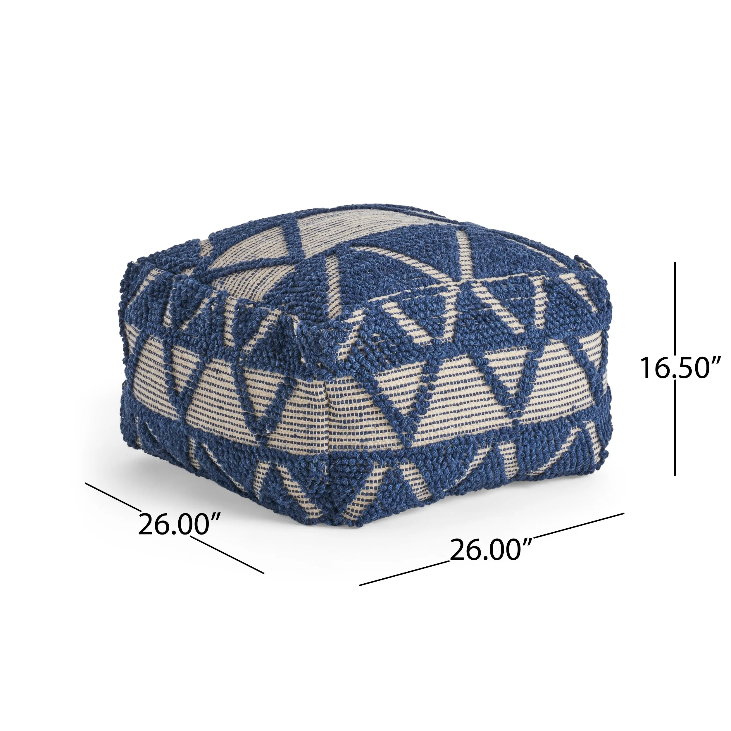 Ellen Boho Wool and Cotton Ottoman Pouf, Blue and White