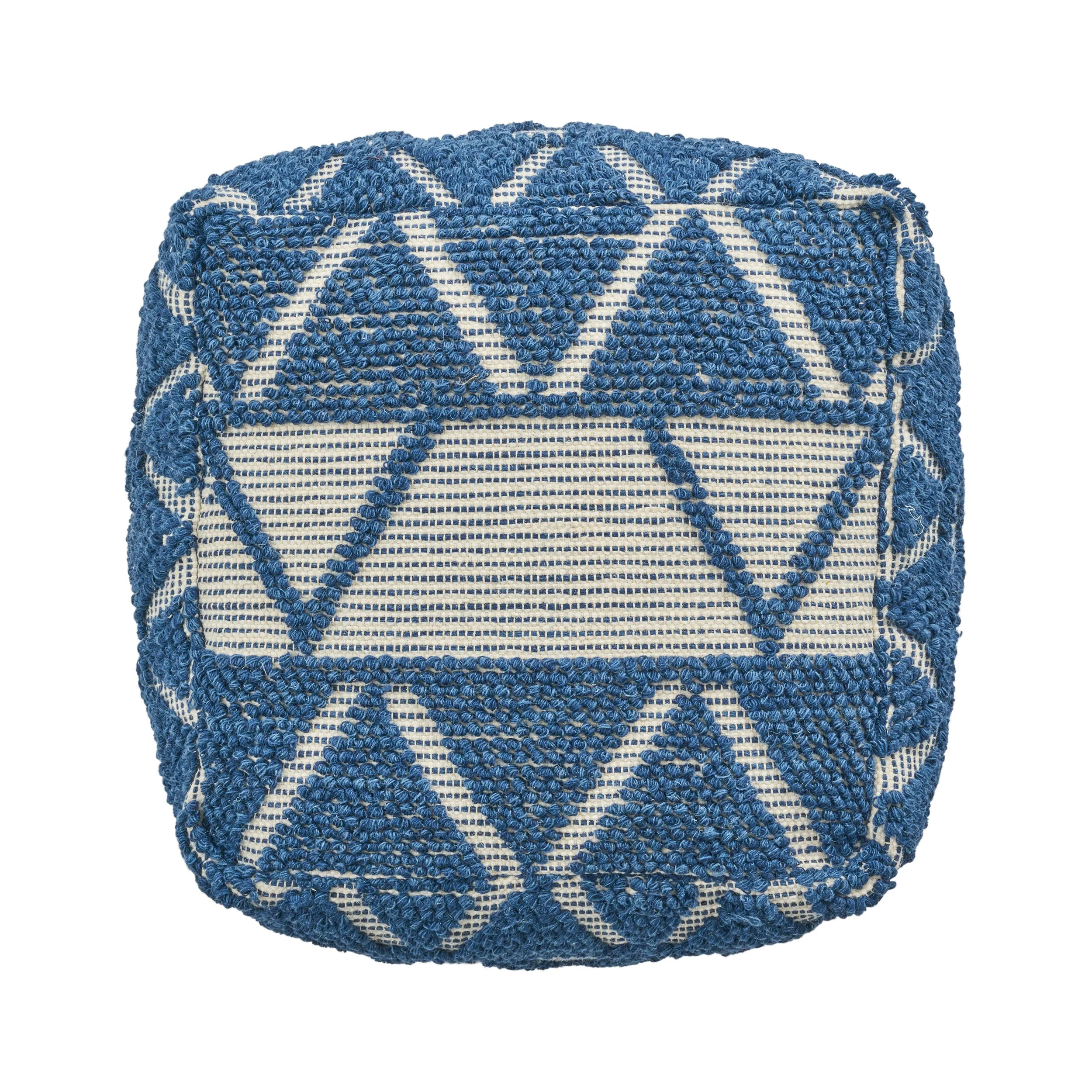 Ellen Boho Wool and Cotton Ottoman Pouf, Blue and White