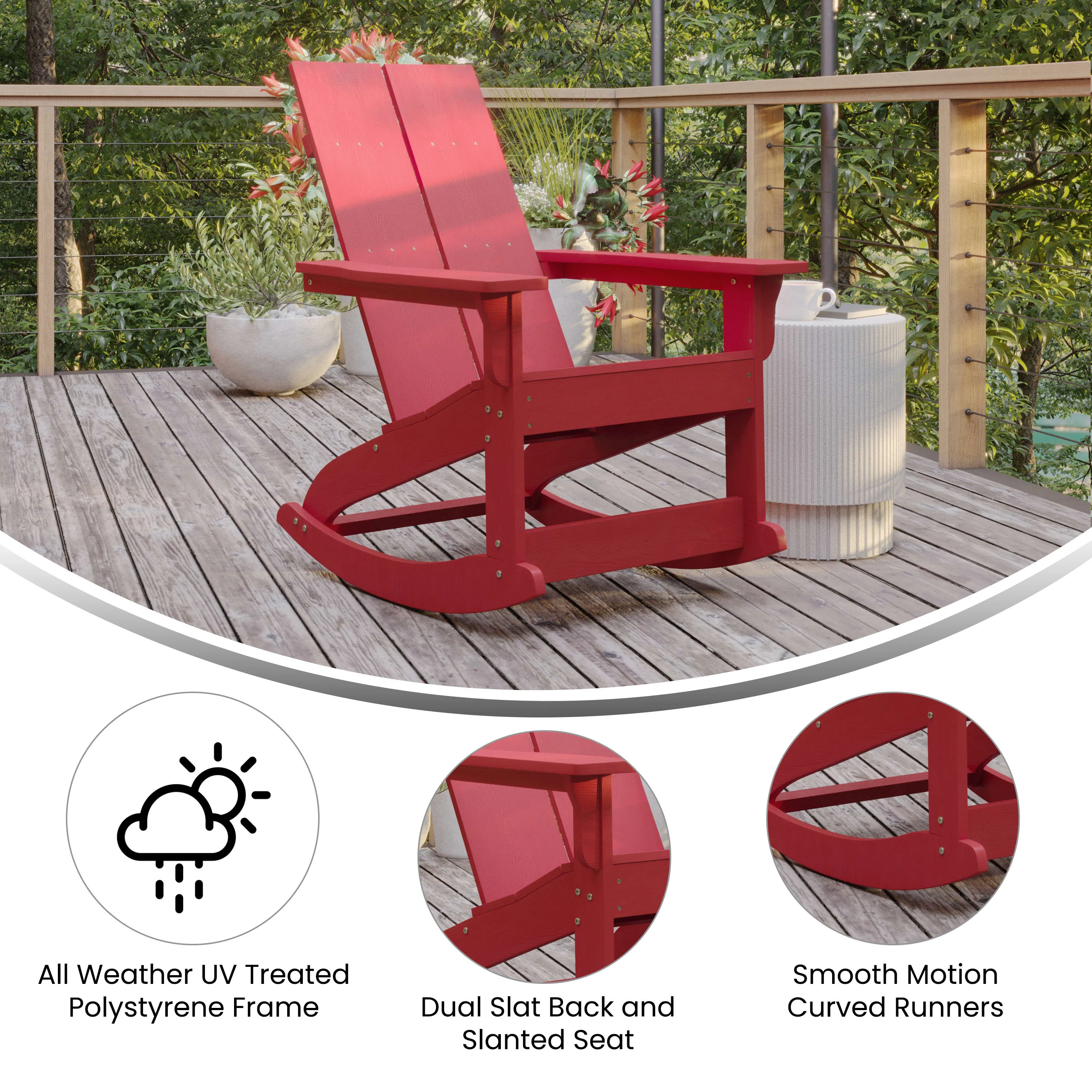 Finn Modern Commercial Grade All-Weather 2-Slat Poly Resin Rocking Adirondack Chair with Rust Resistant Stainless Steel Hardware - Set of 2