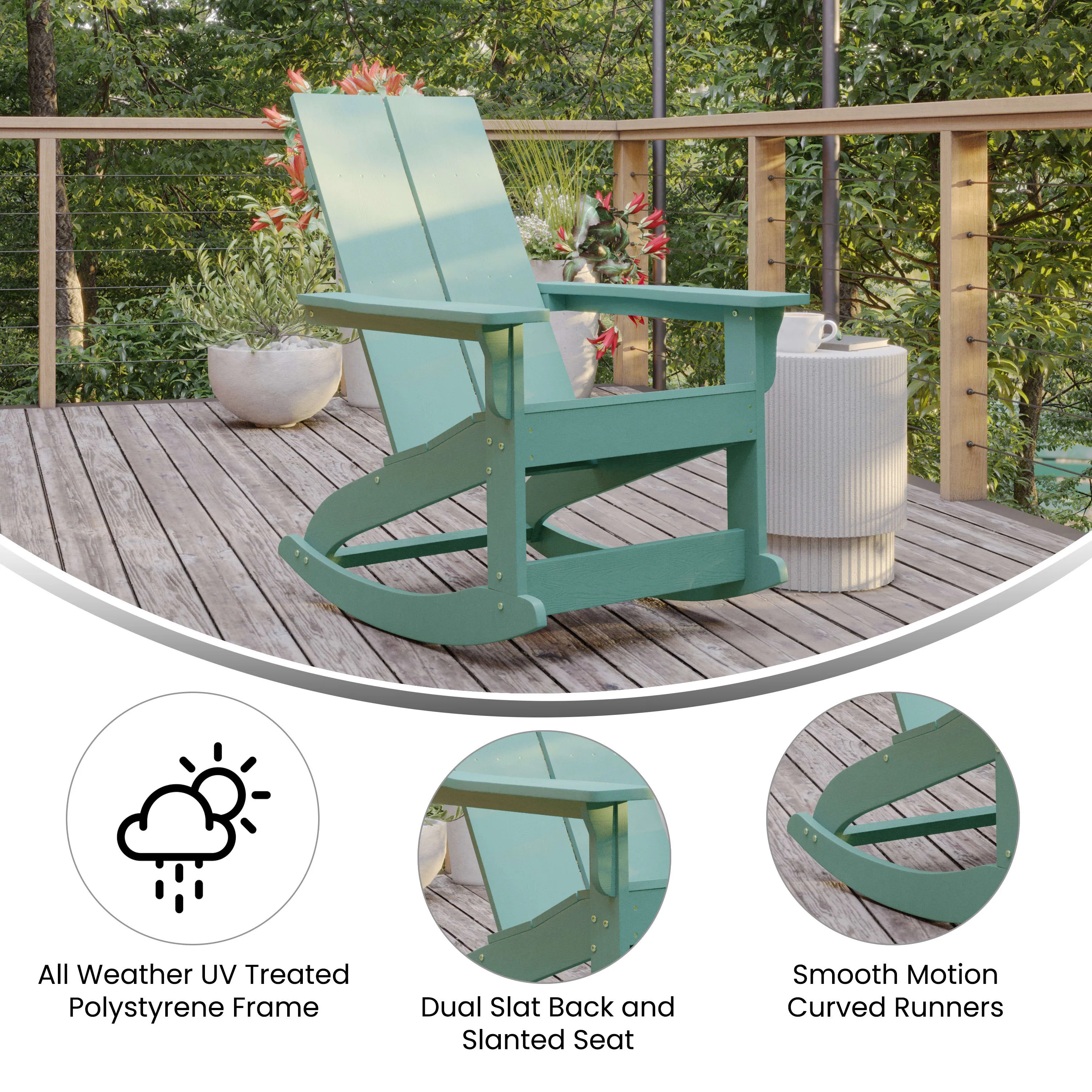 Finn Modern Commercial Grade All-Weather 2-Slat Poly Resin Rocking Adirondack Chair with Rust Resistant Stainless Steel Hardware - Set of 2