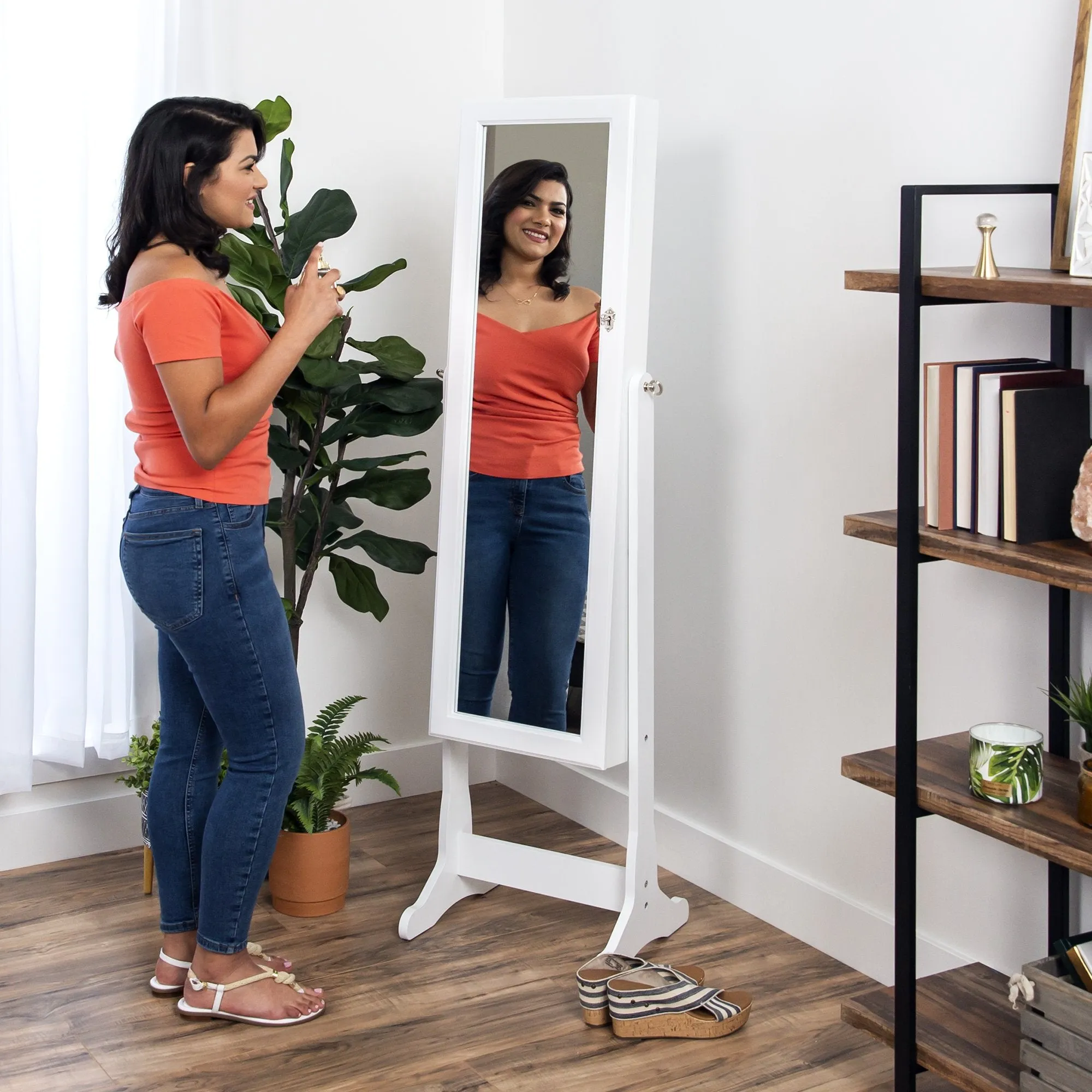 Full Length Tilting Mirrored Jewelry Cabinet Armoire w/ Velvet Interior