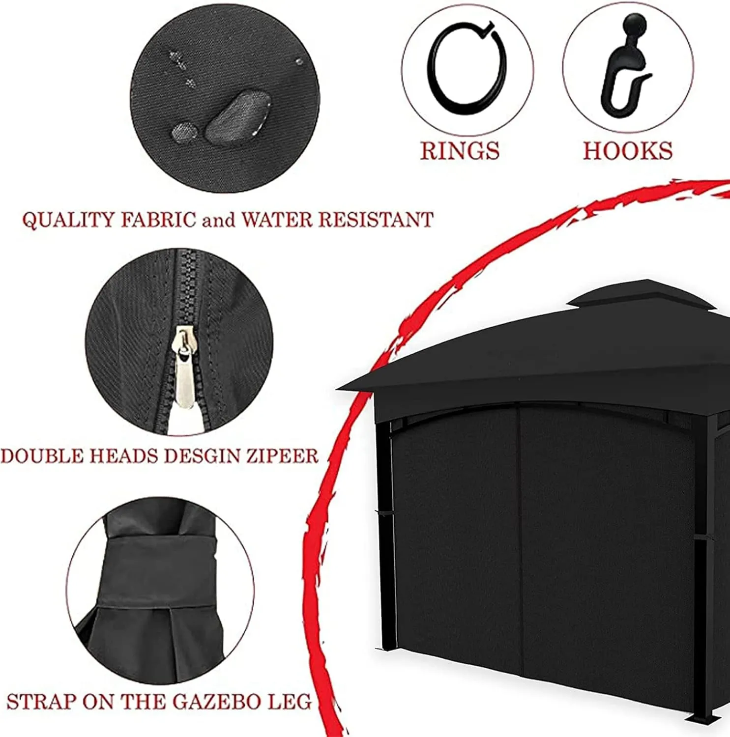 Gazebo Universal Replacement Privacy Curtain 4-Panels Sidewall with Zipper (ONLY Curtain) (10' X 10', Black)