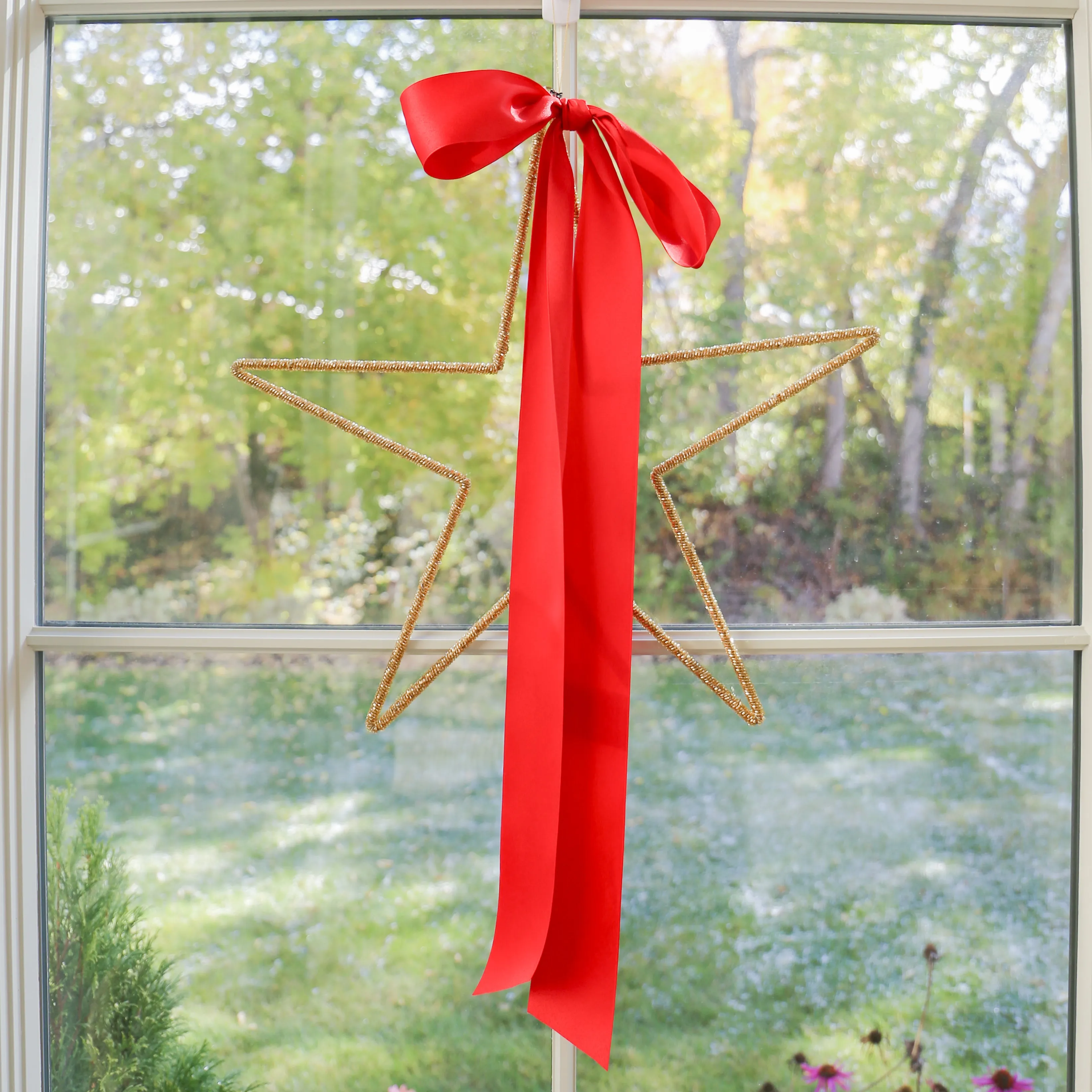 Hanging Metal & Glass Bead Star w/ Cotton Velvet Ribbon