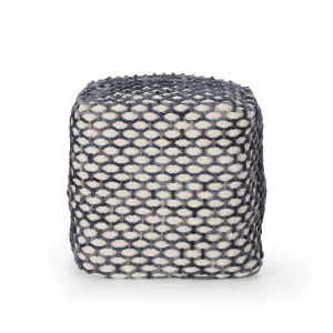 Helena Boho Wool and Cotton Pouf, Blue