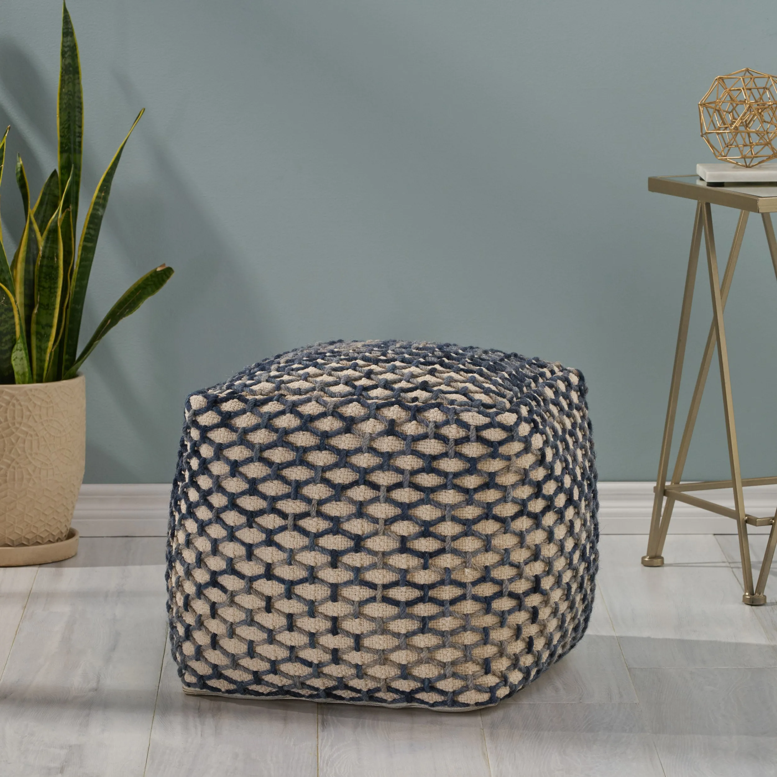 Helena Boho Wool and Cotton Pouf, Blue