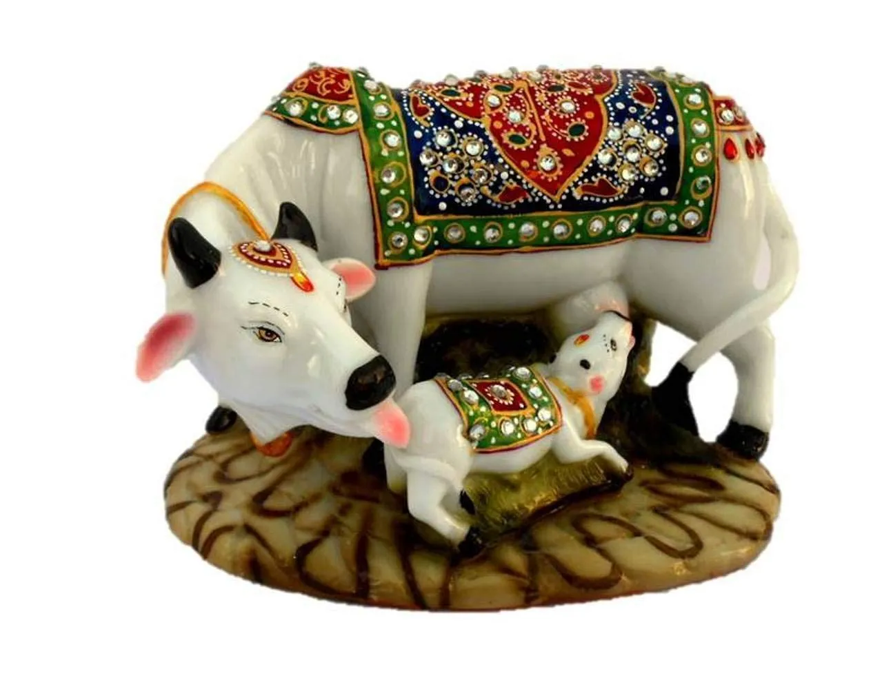 Handcrafted 6-Inch Kamdhenu Cow and Calf Statue by LINEAS ART & CRAFTS - Multicoloured, Decorative Marble-Look Polyresin Sculpture - Elegant Home Decor Art Piece and Ideal Gift
