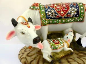 Handcrafted 6-Inch Kamdhenu Cow and Calf Statue by LINEAS ART & CRAFTS - Multicoloured, Decorative Marble-Look Polyresin Sculpture - Elegant Home Decor Art Piece and Ideal Gift
