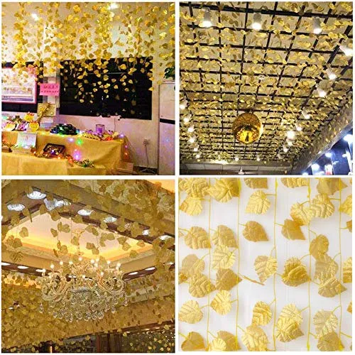 LOGRO Pack of 12 Pcs Artificial Golden Grape Leaves Ivy Vine Garland Hanging for Home Office Wall Decoration. Plastic Plants Best for Wedding, New Year Party(Approx - 7 Ft. Each)