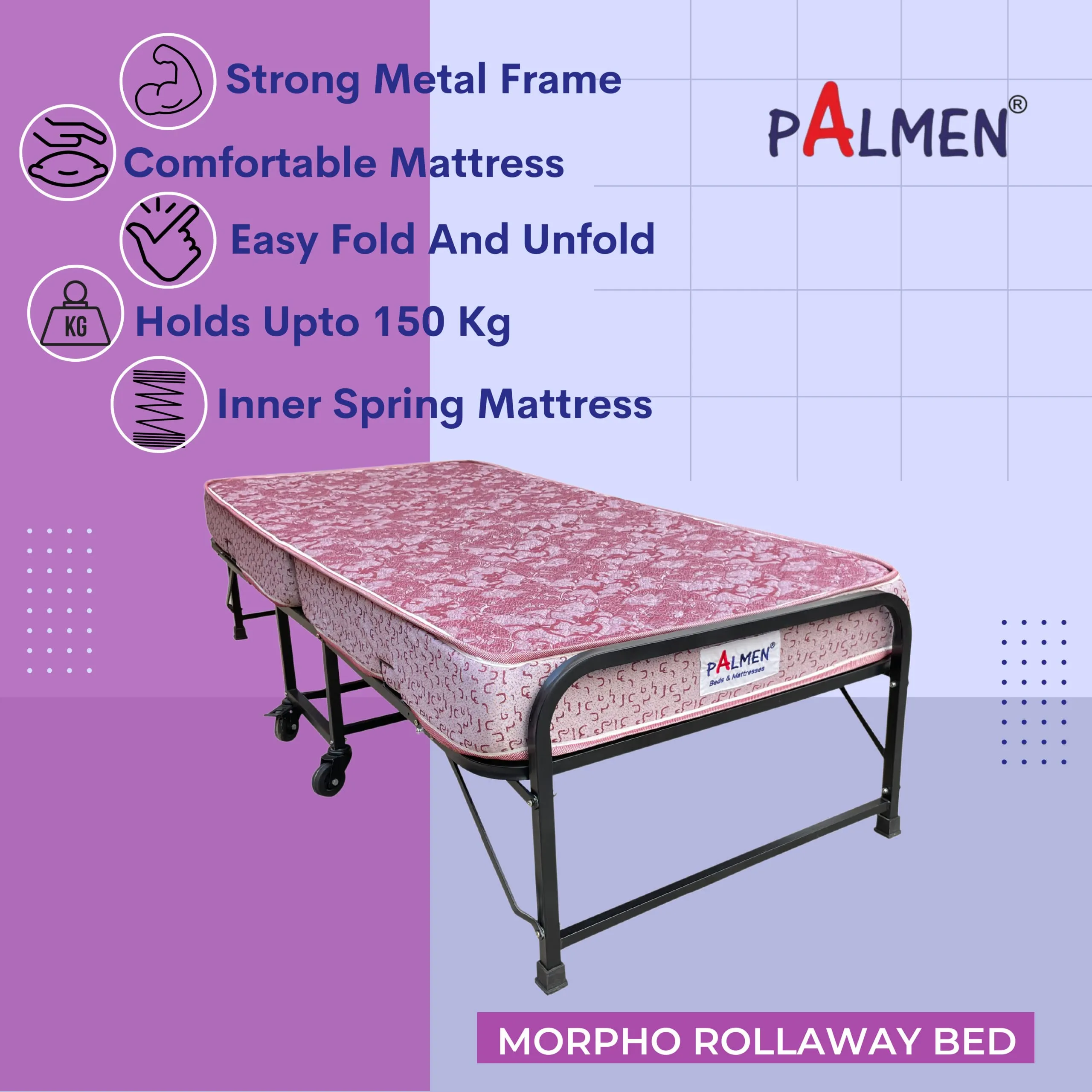 PALMEN Morpho Rollaway Folding Single Bed with Mattress 6 inch Foldable Spring Mattress 75x36 inch Black Matte Powder Coated