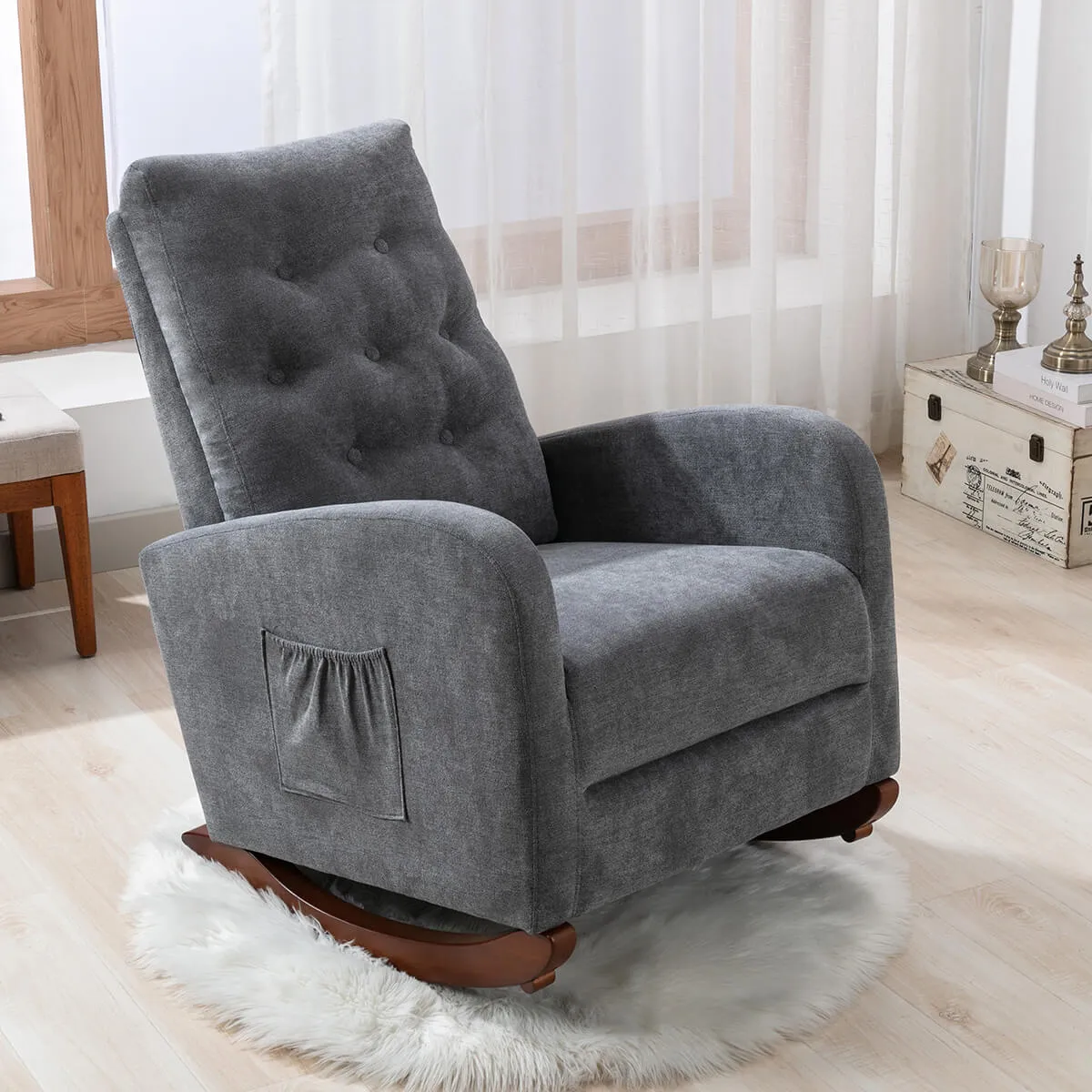 Rocking Chair High Back Mid Century Accent Chair Comfy Armchair with Fabric Padded Seat, Dark Gray