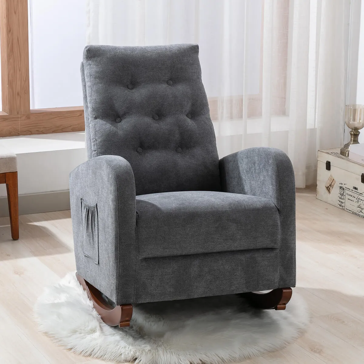 Rocking Chair High Back Mid Century Accent Chair Comfy Armchair with Fabric Padded Seat, Dark Gray