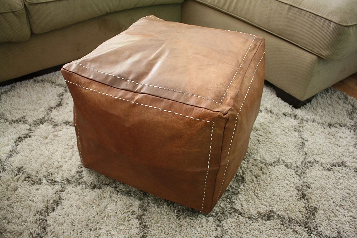 Six Canyons Square Cognac Leather Ottoman &ndash; Authentic Handmade Moroccan Pouf &ndash; Delivered Unstuffed &ndash; 100% Morocco Tan Goatskin Leather