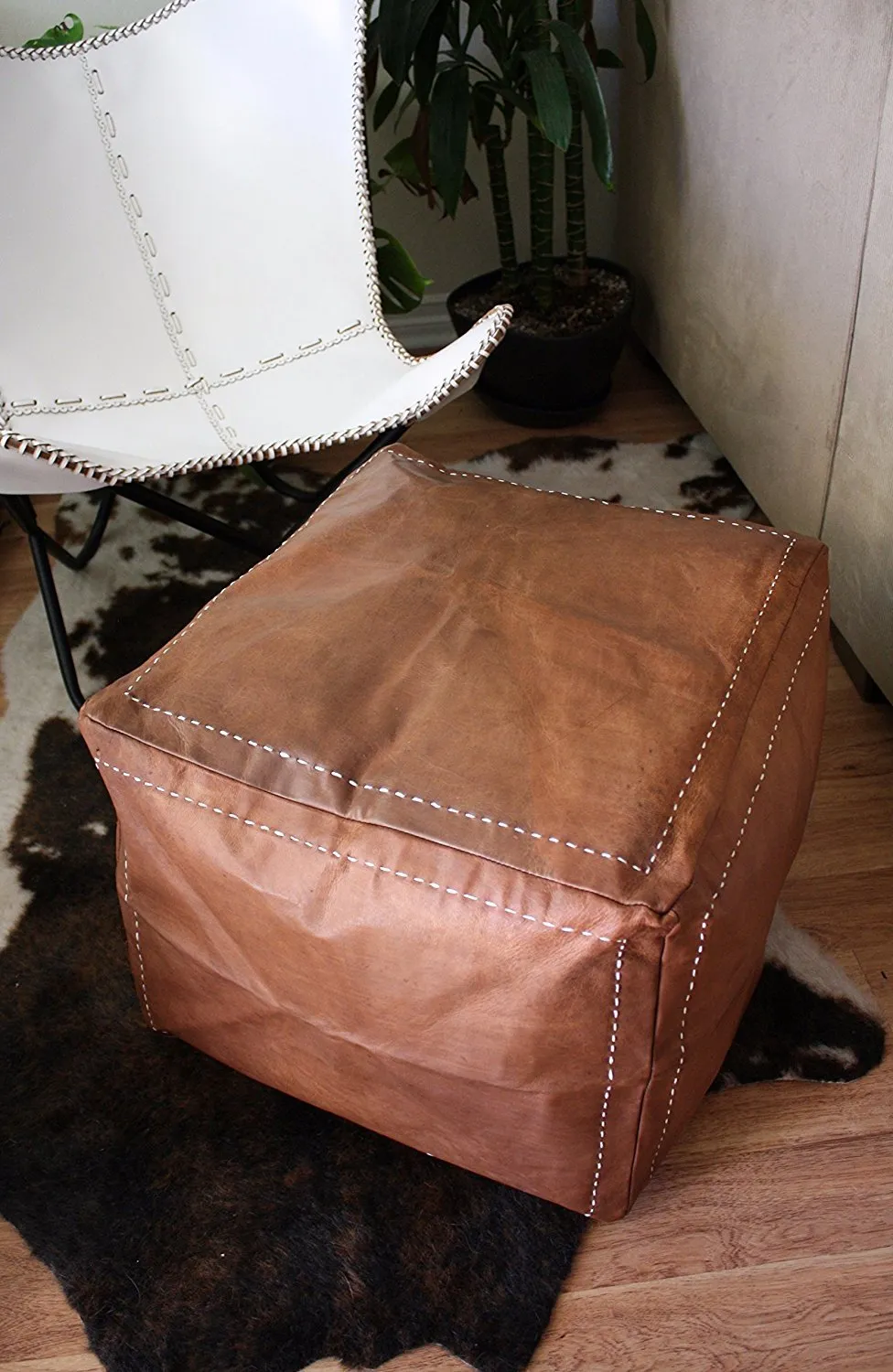 Six Canyons Square Cognac Leather Ottoman &ndash; Authentic Handmade Moroccan Pouf &ndash; Delivered Unstuffed &ndash; 100% Morocco Tan Goatskin Leather