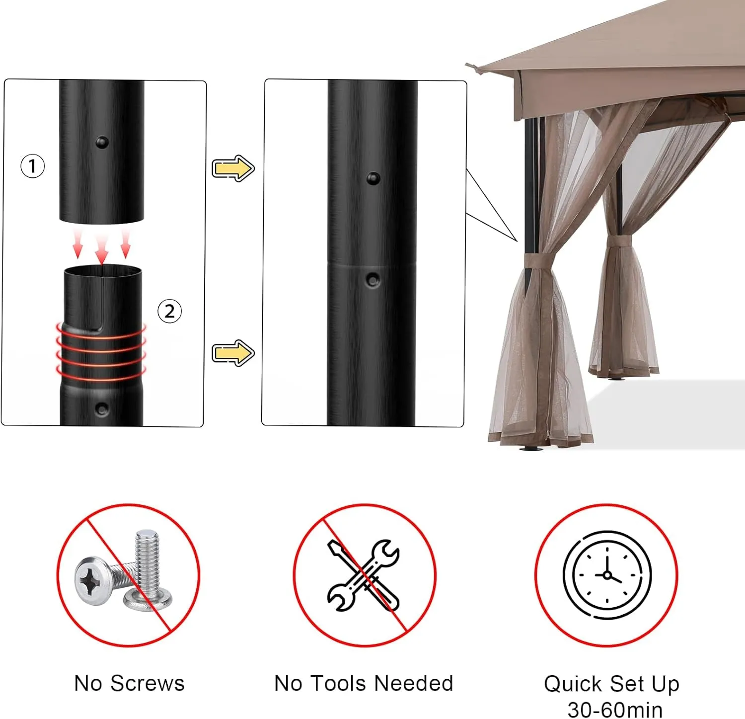 Tool Free Patio Gazebo Screw Free Easy Installation Outdoor Garden Gazebo with Netting Walls (11X11,Khaki)