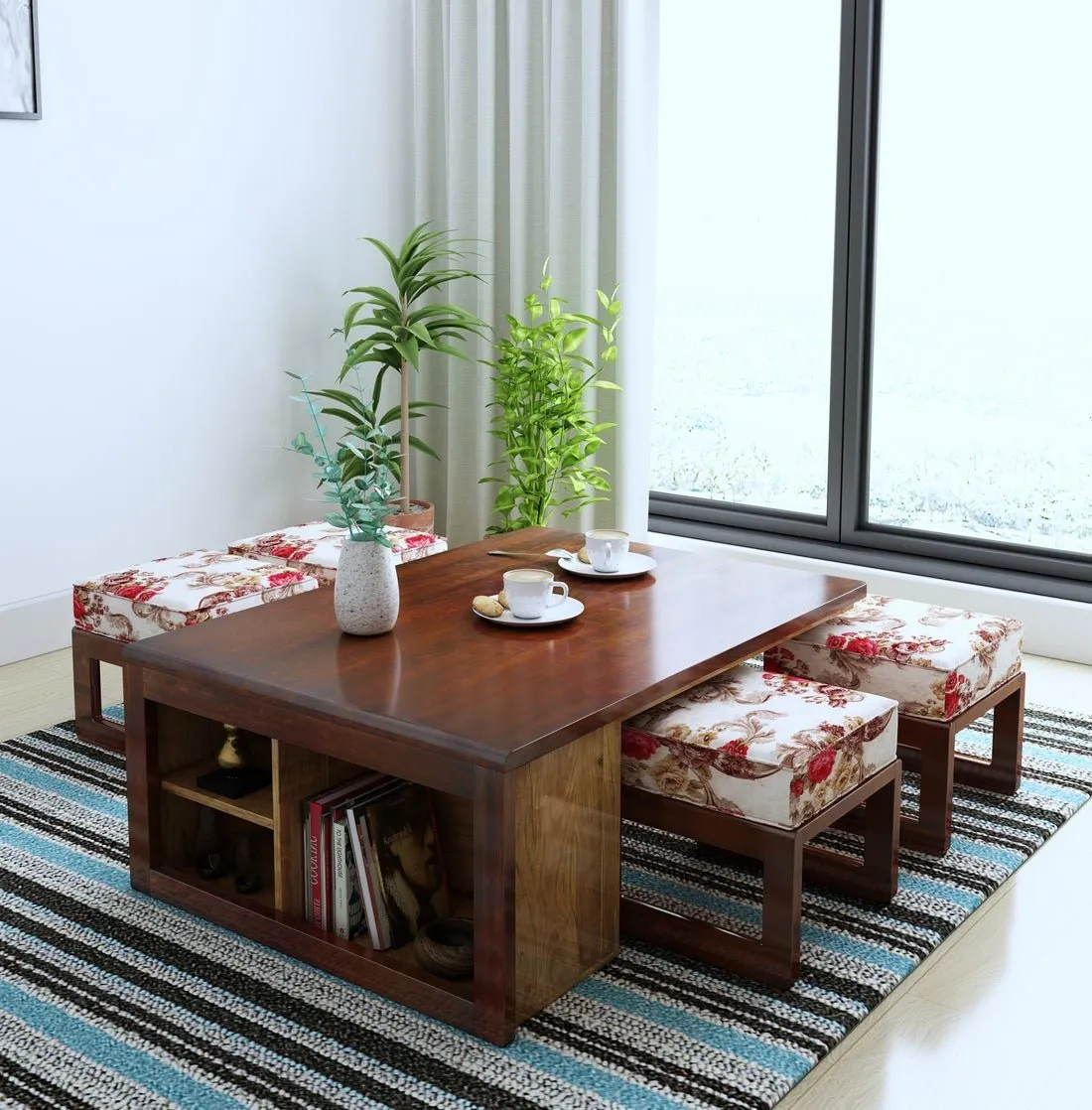 Vesta Solid Wood Coffee Table Centre Table With 4 Seating Stool For Living Room.