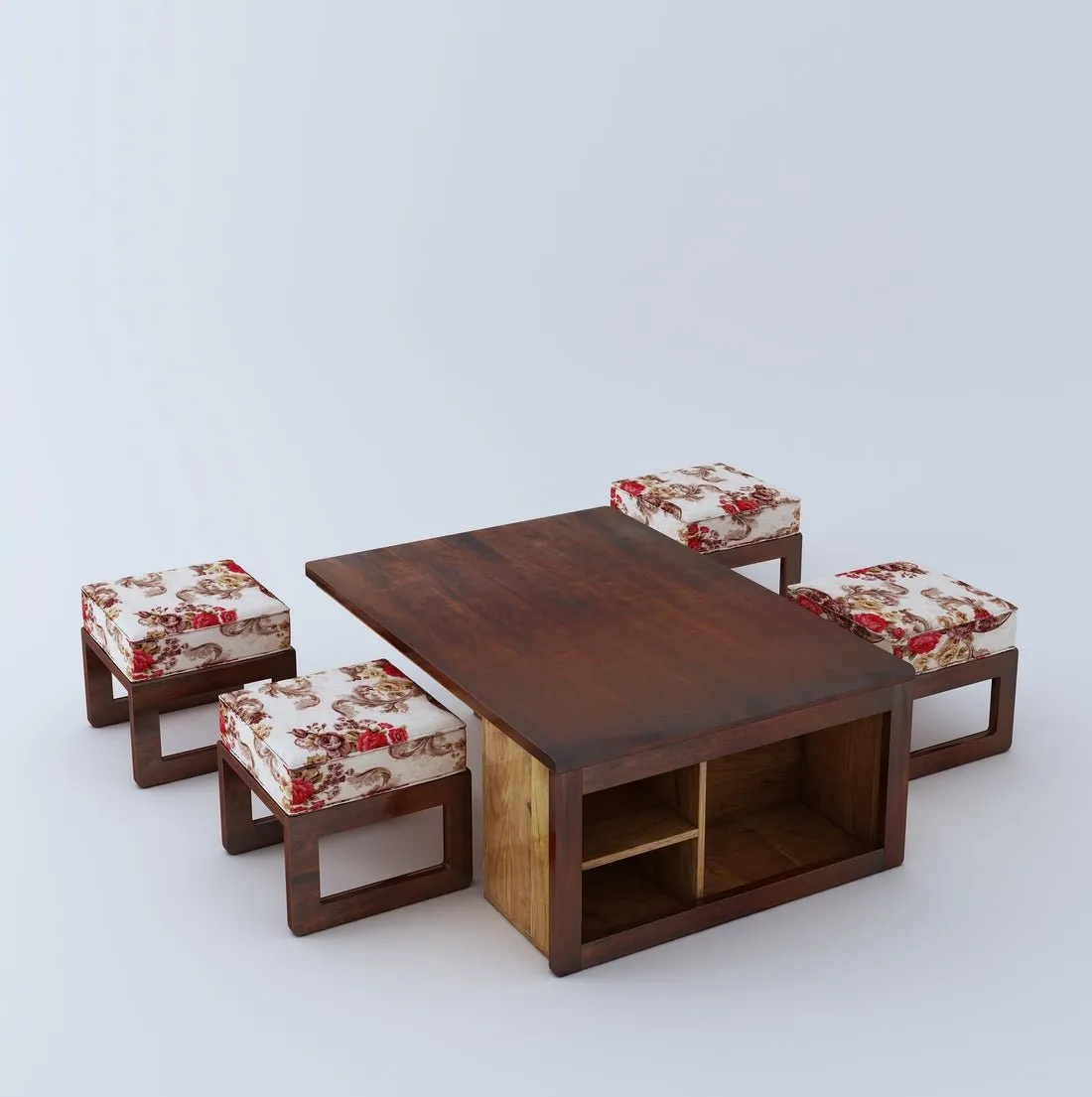 Vesta Solid Wood Coffee Table Centre Table With 4 Seating Stool For Living Room.