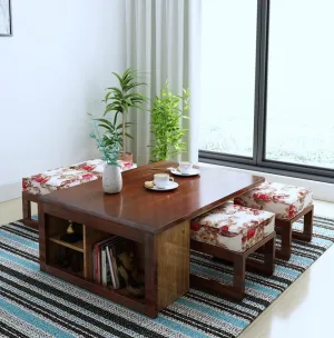 Vesta Solid Wood Coffee Table Centre Table With 4 Seating Stool For Living Room.